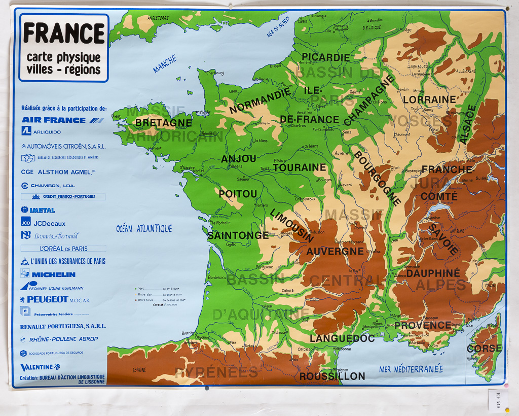 (RF 540) France carte physique villes – régions. France touristique.